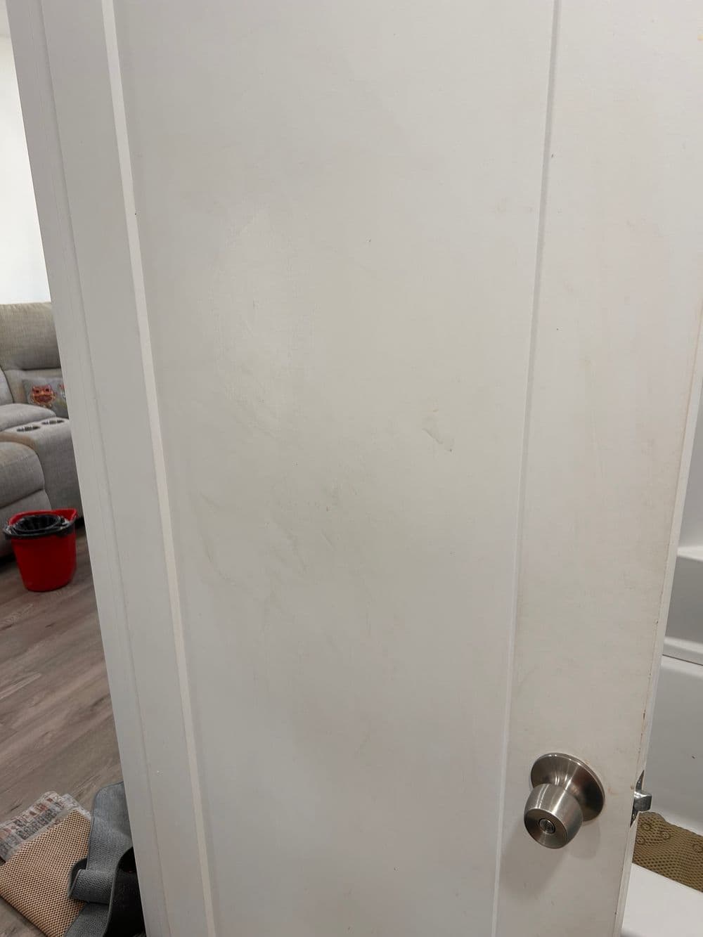Clean white interior door with a brushed metal doorknob, featuring faint scuff marks.